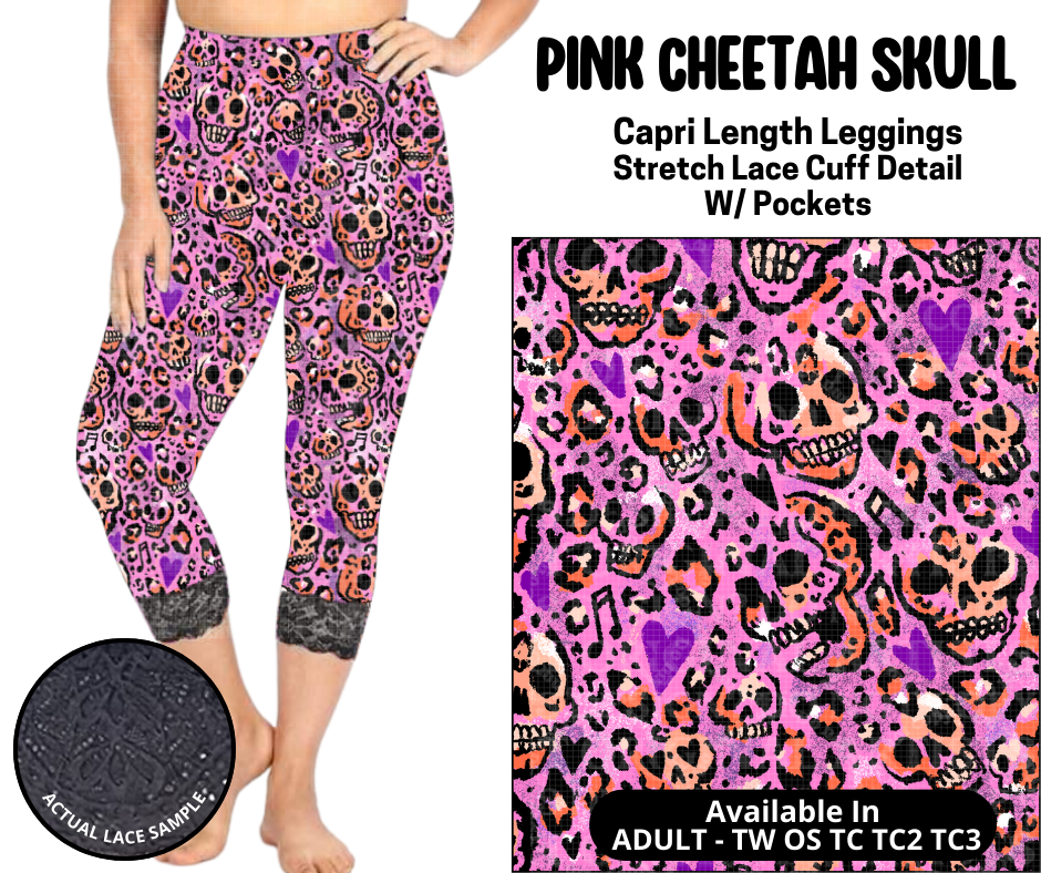 Preorder! Closes 5/12. ETA August. Pink Cheetah Skull Lace Cuff Capris w/ Pockets