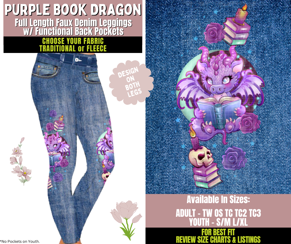 Preorder! Closes 10/8. ETA Dec. Purple Book Dragon Leggings w/ Side Leg Designs Choose Fleece or Traditional