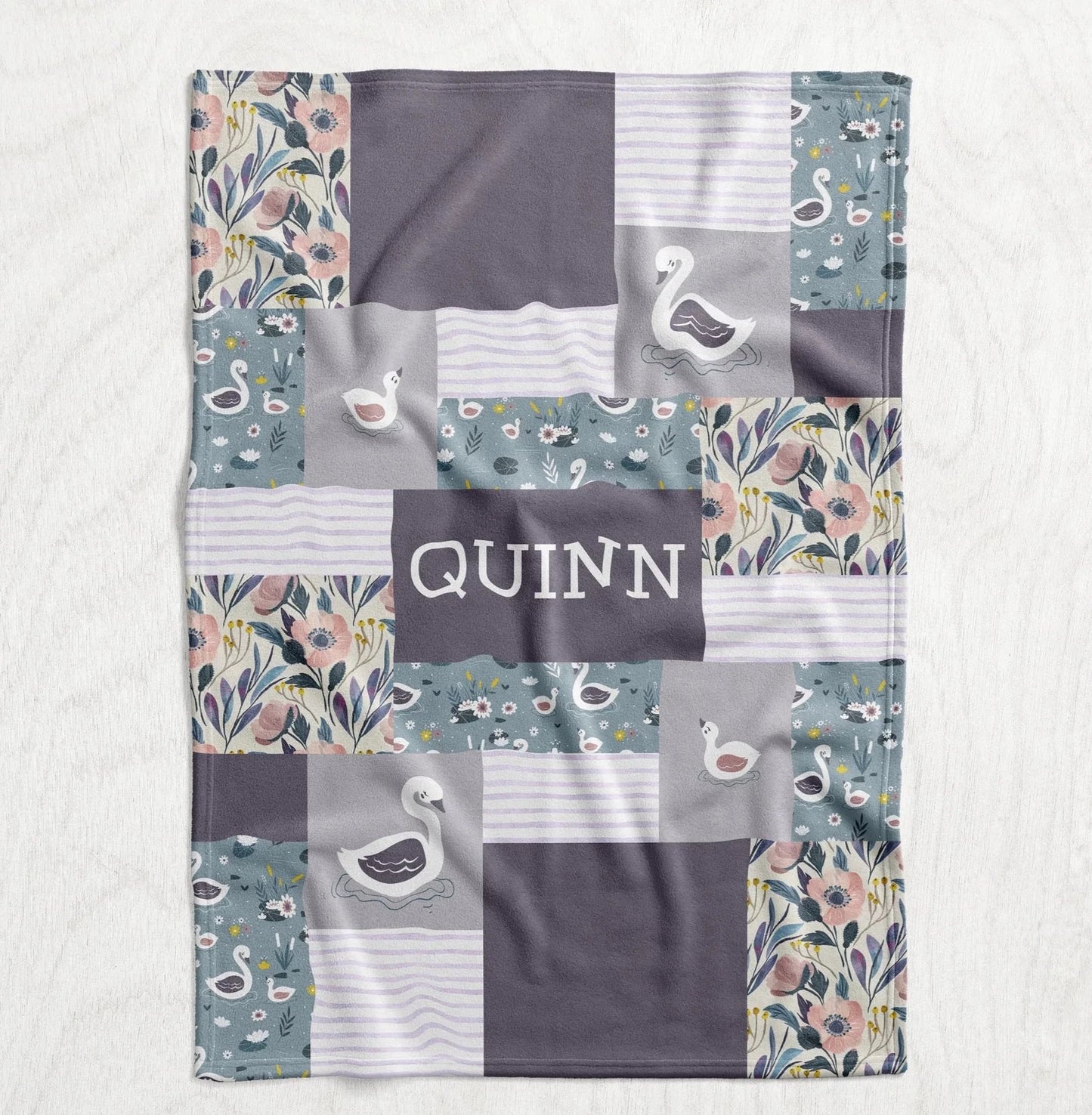 Custom Personalized Plush Minky Blanket - Purple Floral Swan Faux Quilt Style // 3 sizes