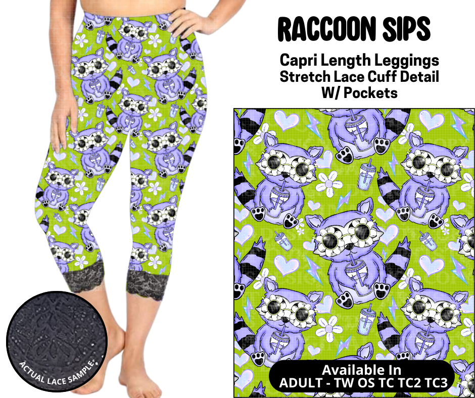 Preorder! Closes 5/12. ETA August. Raccoon Sips Lace Cuff Capris w/ Pockets