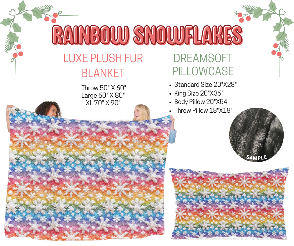 Preorder! Closes 9/3. ETA Dec. Rainbow Snowflakes Luxe Plush Fur Blanket and/or DreamSoft Pillowcase