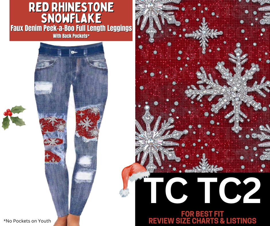 Red Rhinestone Snowflake Faux Denim Full Length Peekaboo Leggings