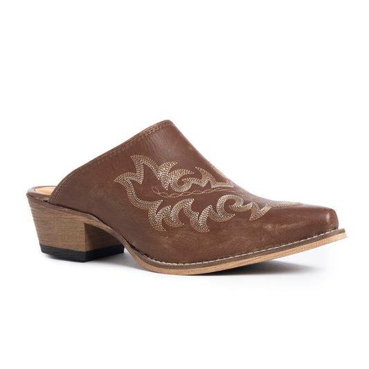 Myra Ximena Ranch Brown Embroidered Mules for Women – Pointed Toe, Low Block Heel Western Leather Shoes