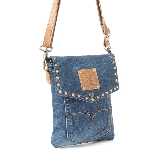 Myra Studded Dahlia Denim Crossbody Bag for Women ā Upcycled Jeans with Leather Strap & Front Pocket Flap
