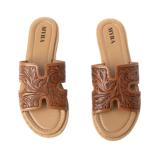 Myra Carmina Anne Tan Embossed Leather Slip-On Sandals for Women Ć¢ā¬ā Western H-Cut Slides with Studded Trim