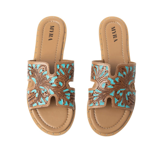 Myra Carmina Blue Embossed Leather Slip-On Sandals for Women Ć¢ā¬ā Western H-Cut Slides with Studded Trim