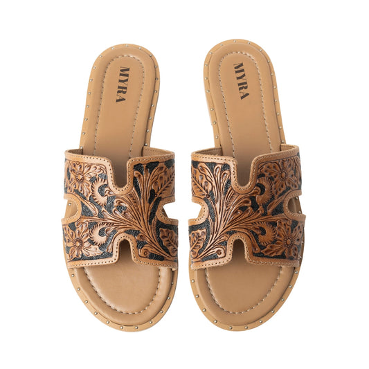Myra Carmina Anne Dark Embossed Leather Slip-On Sandals for Women Ć¢ā¬ā Western H-Cut Slides with Studded Trim