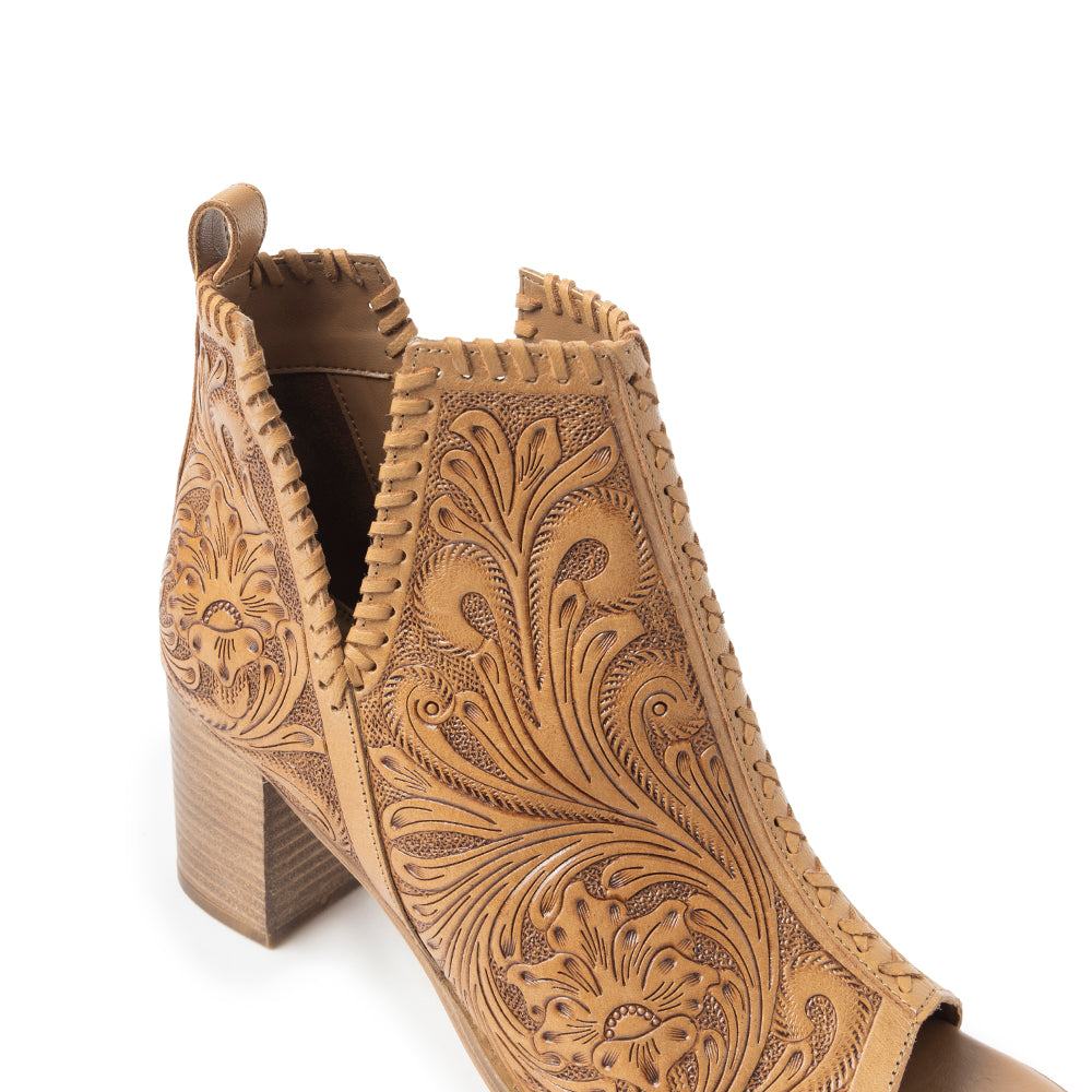Myra Persimmonee Embossed Leather Heels for Women Open Toe, Mid Block Heel, Western Cowgirl Fashion for Rodeo Evenings