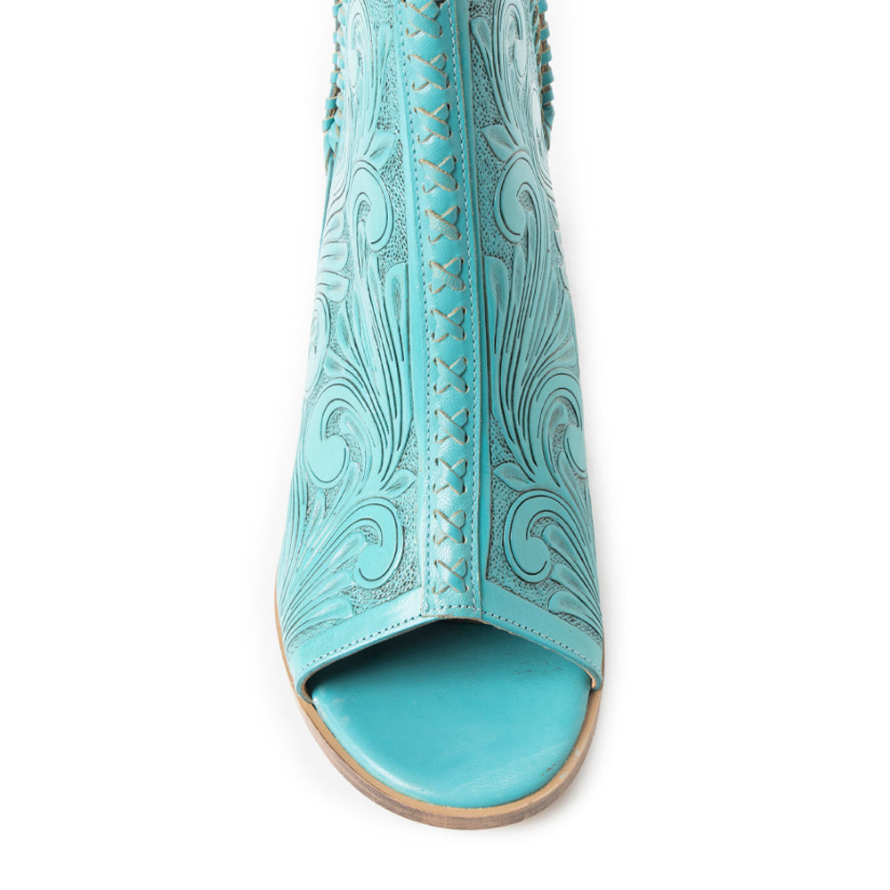 Myra Persimmonee Embossed Leather Heels for Women – Open Toe, Mid Block Heel, Western Cowgirl Fashion for Rodeo Evenings