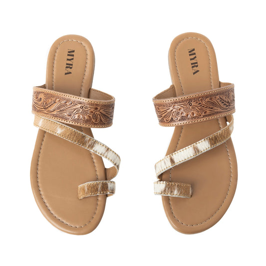 Myra LaDonna Trail Floral Handtooled Sandals for Women – Beige Western Hairon Slip-Ons for Ranch Days & Rodeo Nights