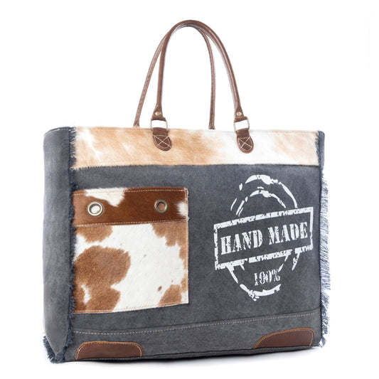 Myra Dakota Trail Hairon Leather Weekender Bag – Handmade Canvas Print with Rustic Fringe Sides & Leather Handles