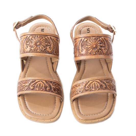 Myra Wildflower Wanderer Handtooled Leather Sandals for Women – Ankle Buckle Strap, Western Floral Carving, Everyday Comfort