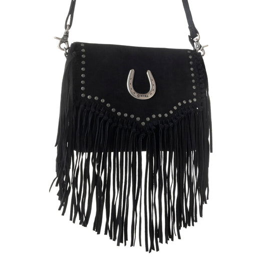 Myra Lucky Charm Leather Bag for Women in black with fringe and horseshoe detail