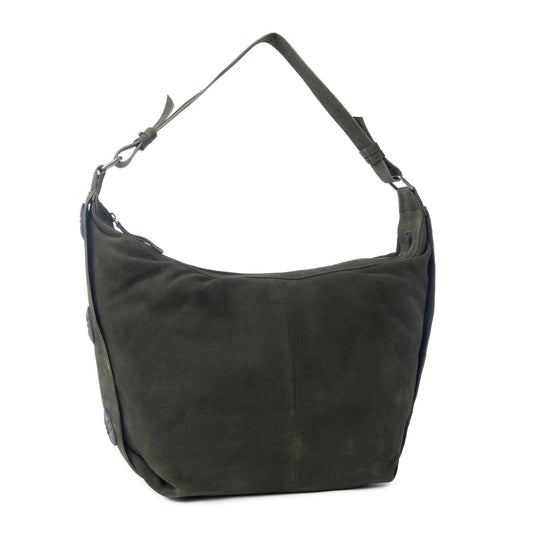Myra Hunter’s Grove Suede Leather Shoulder Bag in Ranch Olive