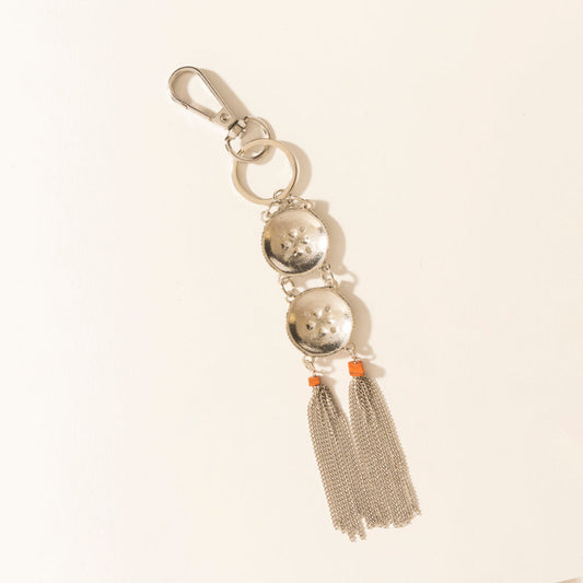 Myra Duo Medallion Tassel Keychain in Nickel Steel