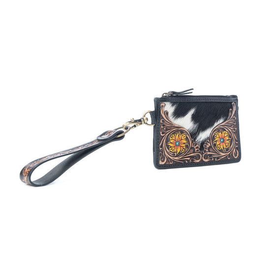Myra Wildflower Mesa Handtooled Hairon Leather Card Holder In Prairie Amber