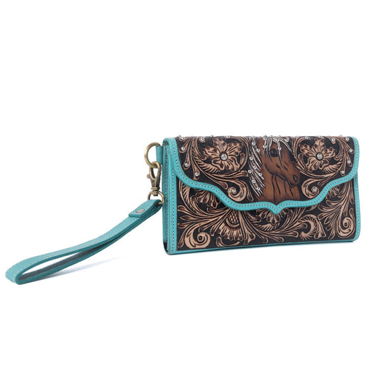 Myra Sunfire Valley Handtooled Hairon Leather Womenās Wallet in Turquoise Pearl