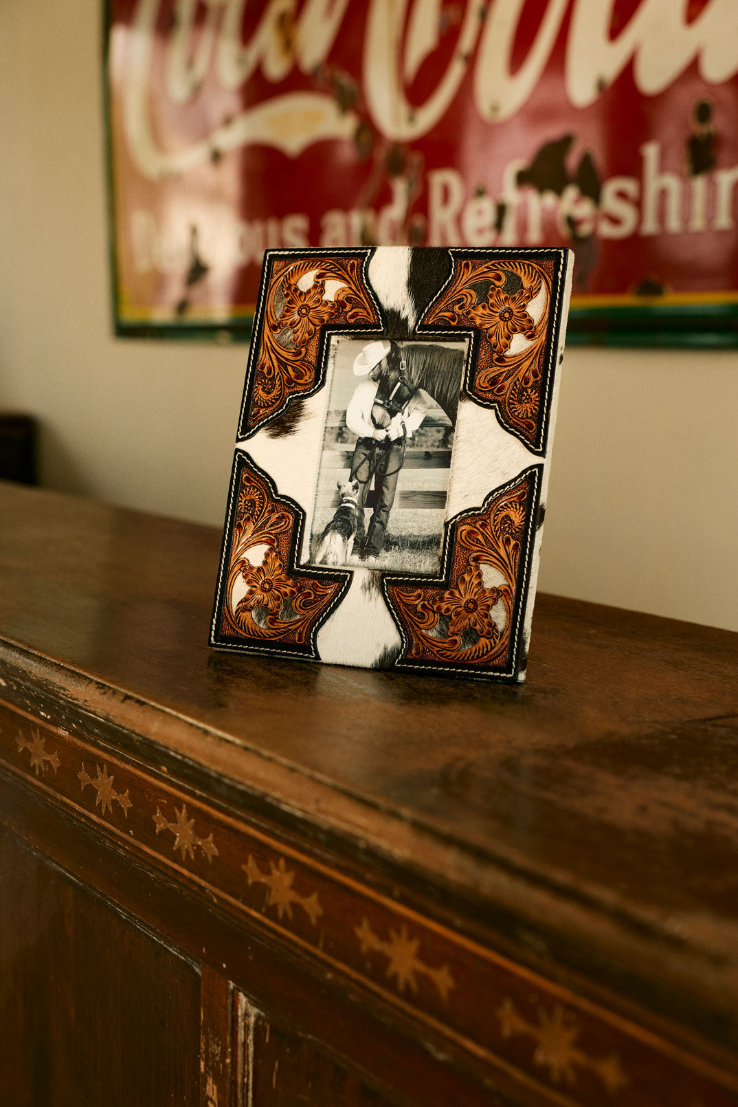 Myra Cornerstone Handtooled Leather Photo Frame in brown with hairon detail, western home décor