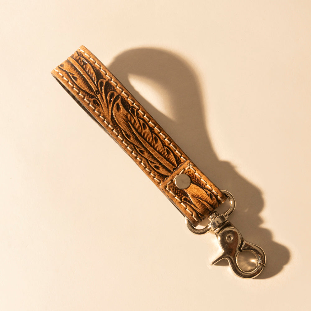 Myra Hide Inlay Western Key Fob in tan with hairon detail