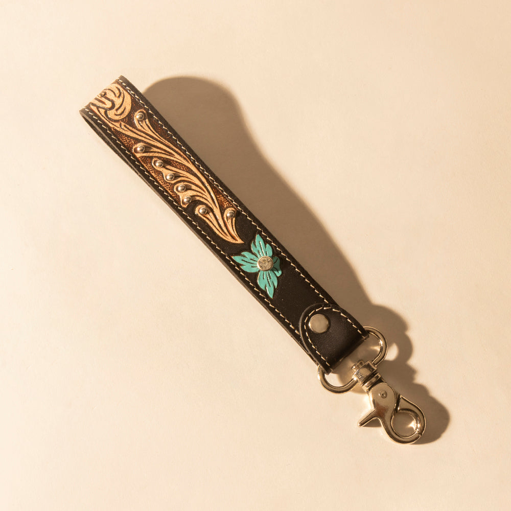 Myra Wildhue Western Key Fob in black with turquoise floral handtooled detail