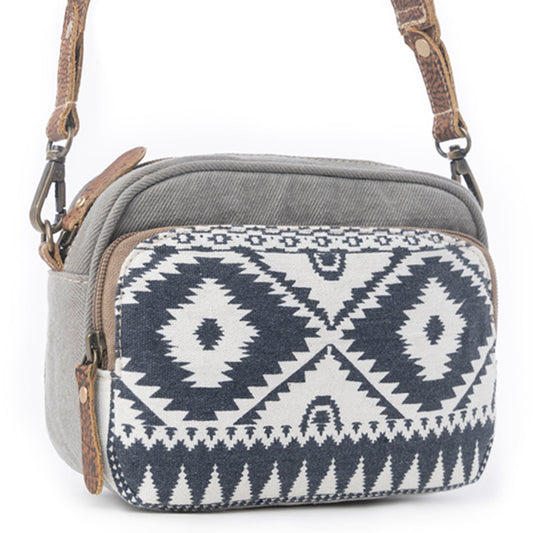 Myra Temptation Tribal Pattern Small Crossbody Bag for Women – Geometric Canvas Front, Adjustable Leather Strap for Everyday Western Style
