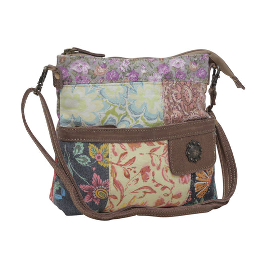 Myra La Fleur Patchwork Crossbody Bag – Floral Canvas Panels, Brown Leather Accents, Boho Cowgirl Everyday Purse