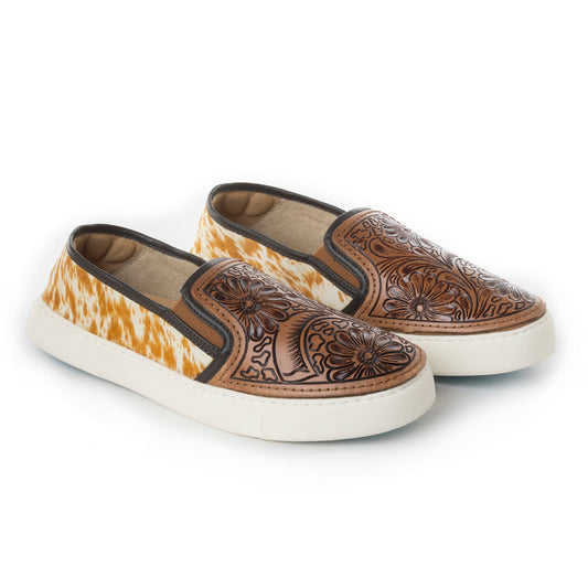 Myra Argun Western Handtooled Hairon Sneakers – Western Floral Slip-On Shoes for Women with Leather Accents