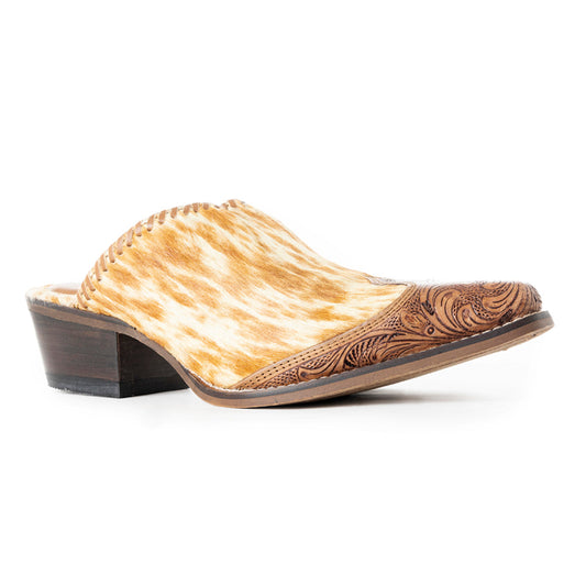 Myra Orange Western Hairon Leather Mules for Women – Pointed Toe, Low Heels, Handtooled Western Slip-Ons