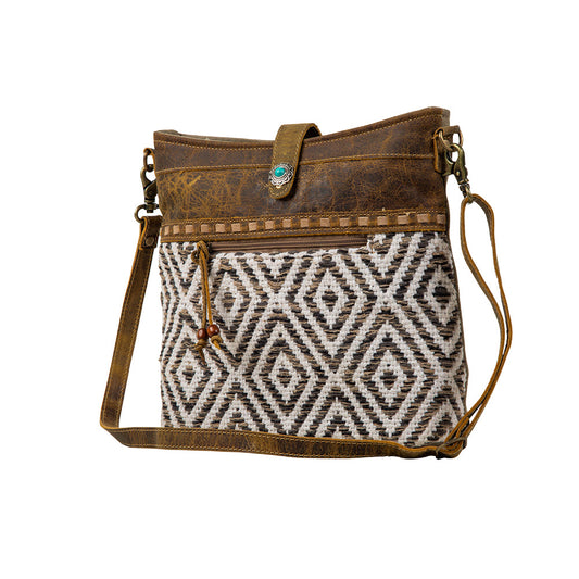 Myra Sand Weaver Shoulder Bag for Women – Rustic Brown Leather, Jacquard Geometric Print, Turquoise Stone Snap for Ranch Chic