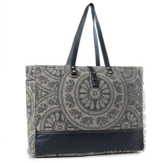 Myra Carmela Printed Canvas Weekender Bag Ć¢ā¬ā Leather Handles with Buckle Strap, Spacious Travel Tote for Western Getaways