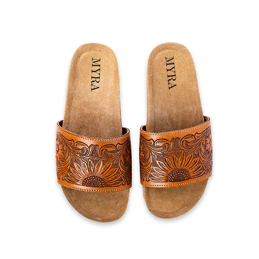 Myra Dottie Handtooled Leather Slide Sandals for Women – Floral Western Tooling with Cork Sole for Casual Comfort