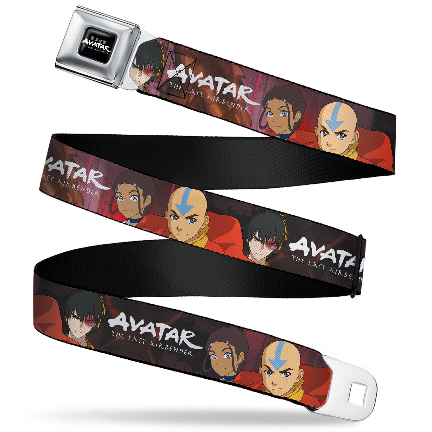AVATAR LAST AIRBENDER Title Logo Full Color Black/White Seatbelt Belt - AVATAR THE LAST AIRBENDER Katara Aang Zuko Group Pose Webbing