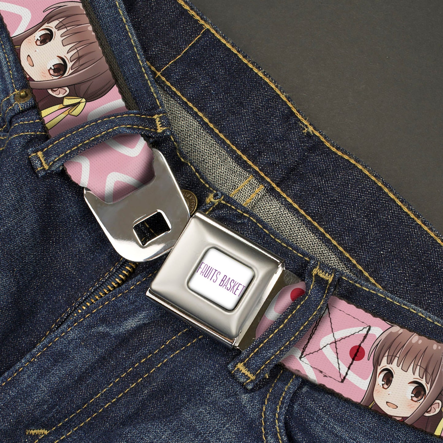 FRUITS BASKET Title Logo Full Color White/Purple Seatbelt Belt - Fruits Basket Chibi Tohru Honda Face and Kimono Rice Ball Icon Pink/White/Red Webbing