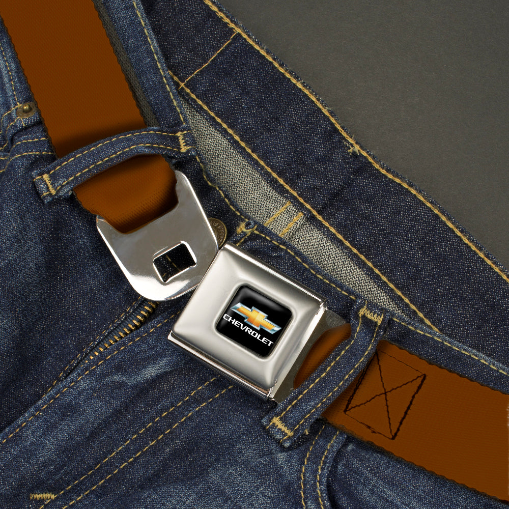 Chevy Bowtie Full Color Black/Gold Seatbelt Belt - Brown Webbing