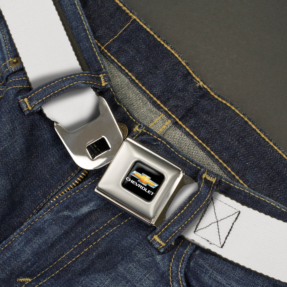 Chevy Bowtie Full Color Black/Gold Seatbelt Belt - White Webbing