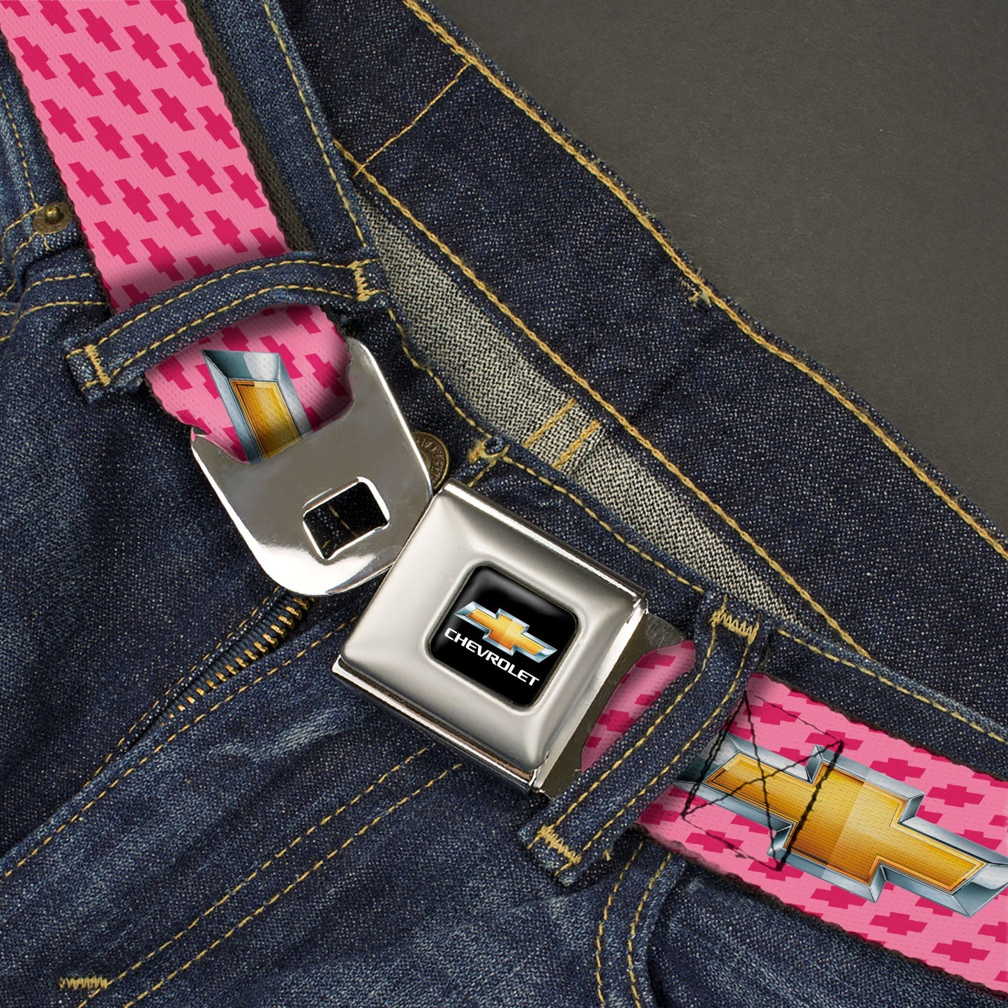 Chevy Bowtie Full Color Black Gold Seatbelt Belt - Chevy Gold Bowtie w/Logo PINK Webbing