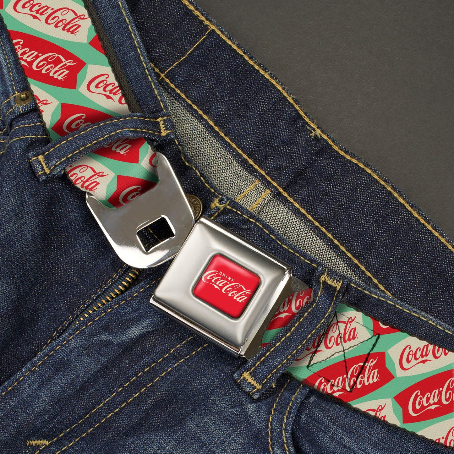 DRINK COCA-COLA Logo Full Color Red/White Seatbelt Belt - Coca-Cola Script Marquee Logo Green/Red/White Webbing