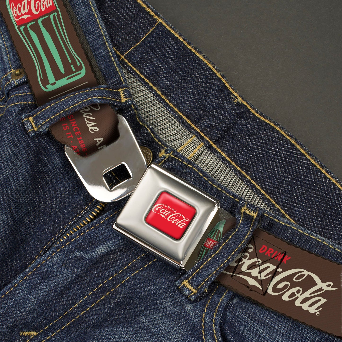 DRINK COCA-COLA Logo Full Color Red/White Seatbelt Belt - Coca-Cola PAUSE AND REFRESH Typography and Bottle Brown/Red/White Webbing