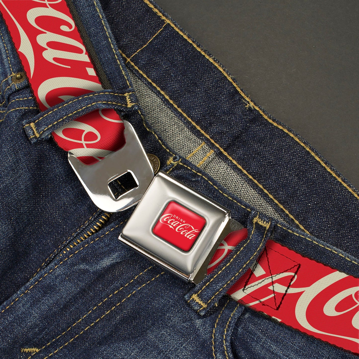 DRINK COCA-COLA Logo Full Color Red/White Seatbelt Belt - DRINK COCA-COLA Typograpy Logo Scattered Red/White Webbing