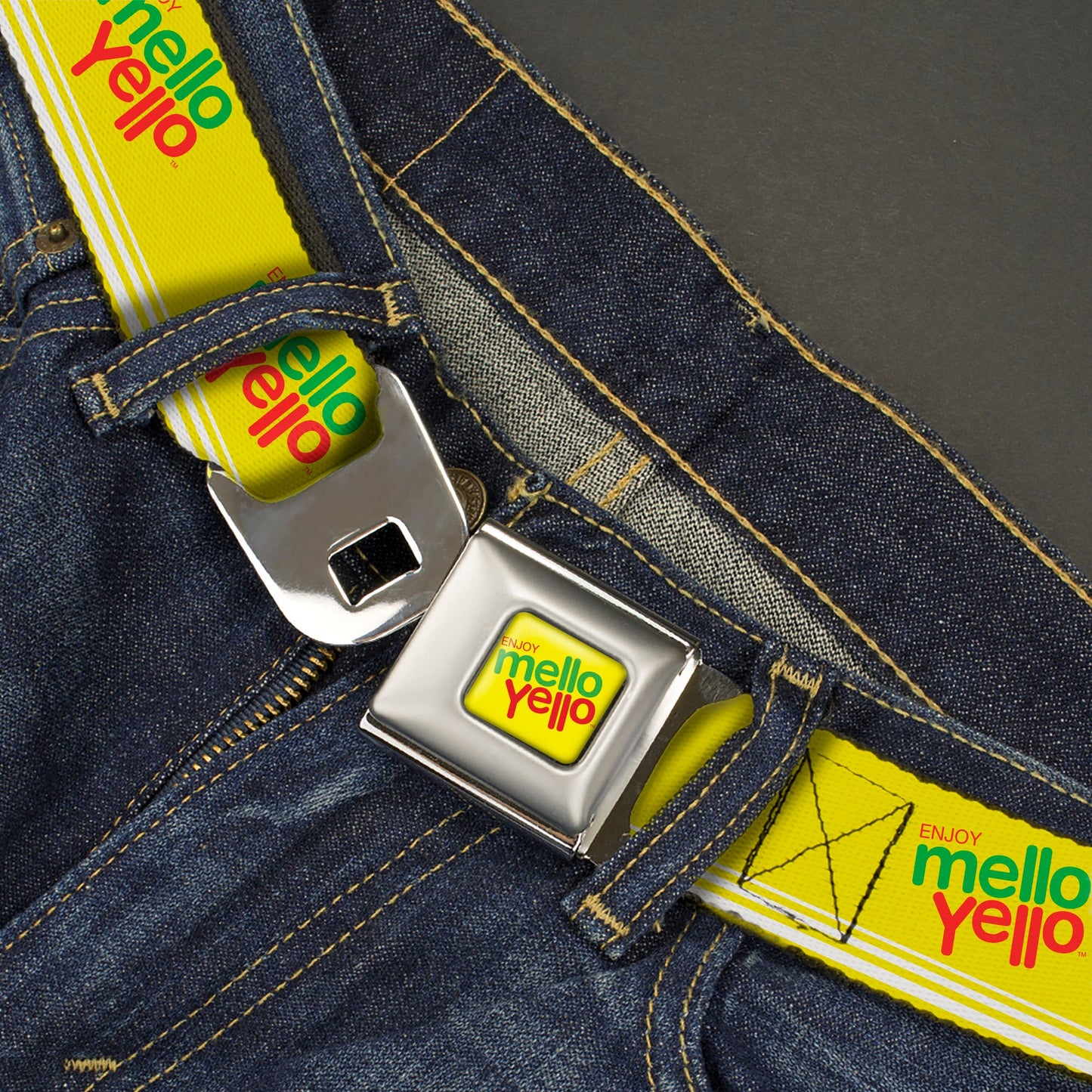 ENJOY MELLO YELLO Logo Full Color Yellow/Red/Green Seatbelt Belt - ENJOY MELLO YELLO Logo Yellow/Red/Green Webbing