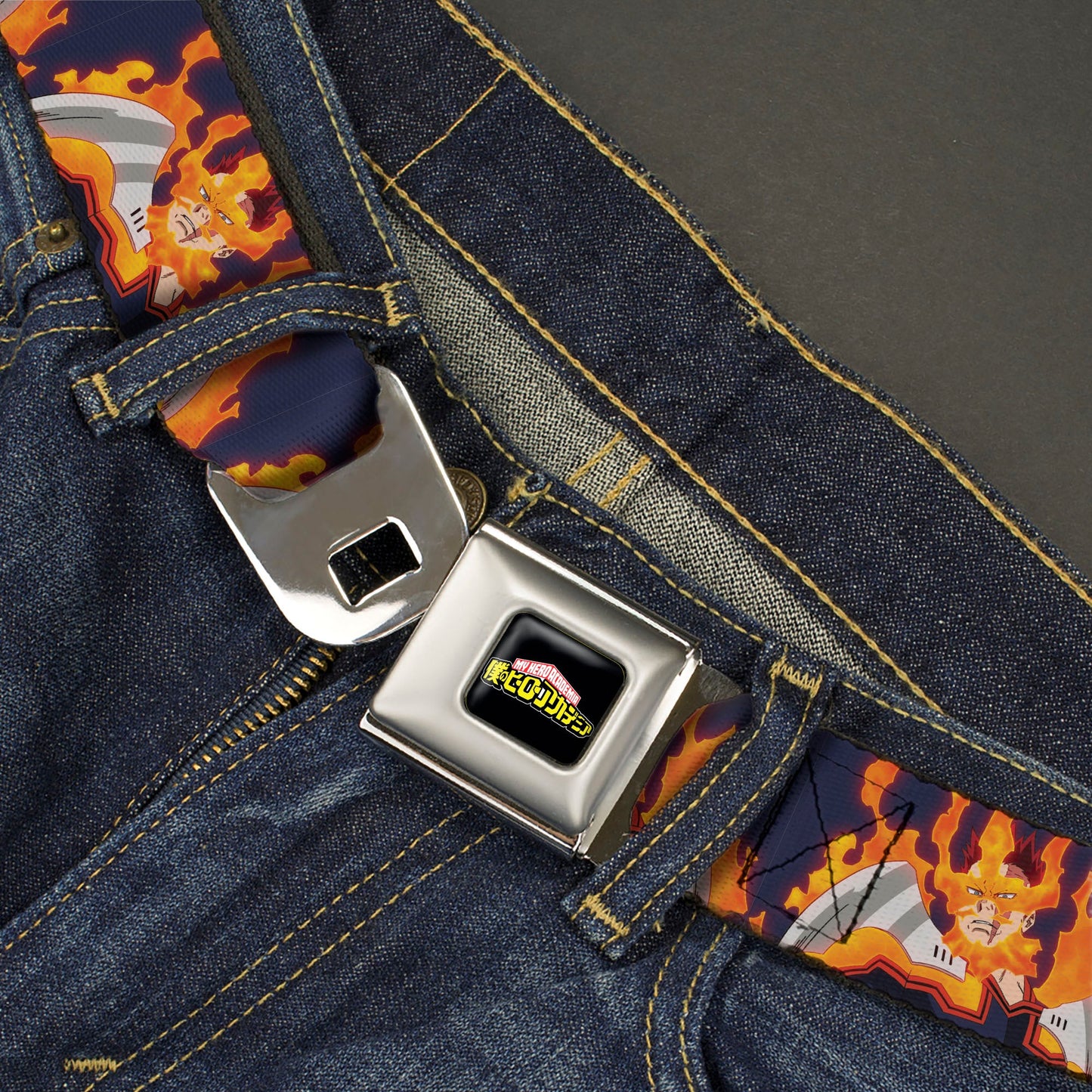MY HERO ACADEMIA Title Logo Full Color Black Seatbelt Belt - My Hero Academia Flame Hero Endeavor Pose Blue Webbing