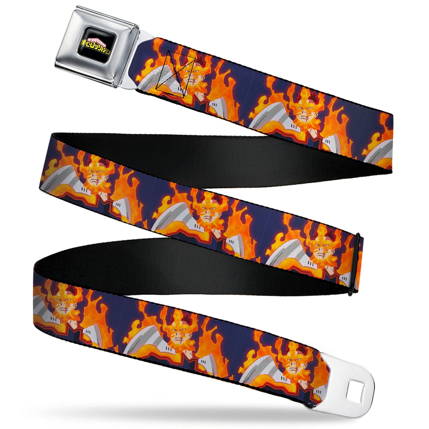 MY HERO ACADEMIA Title Logo Full Color Black Seatbelt Belt - My Hero Academia Flame Hero Endeavor Pose Blue Webbing