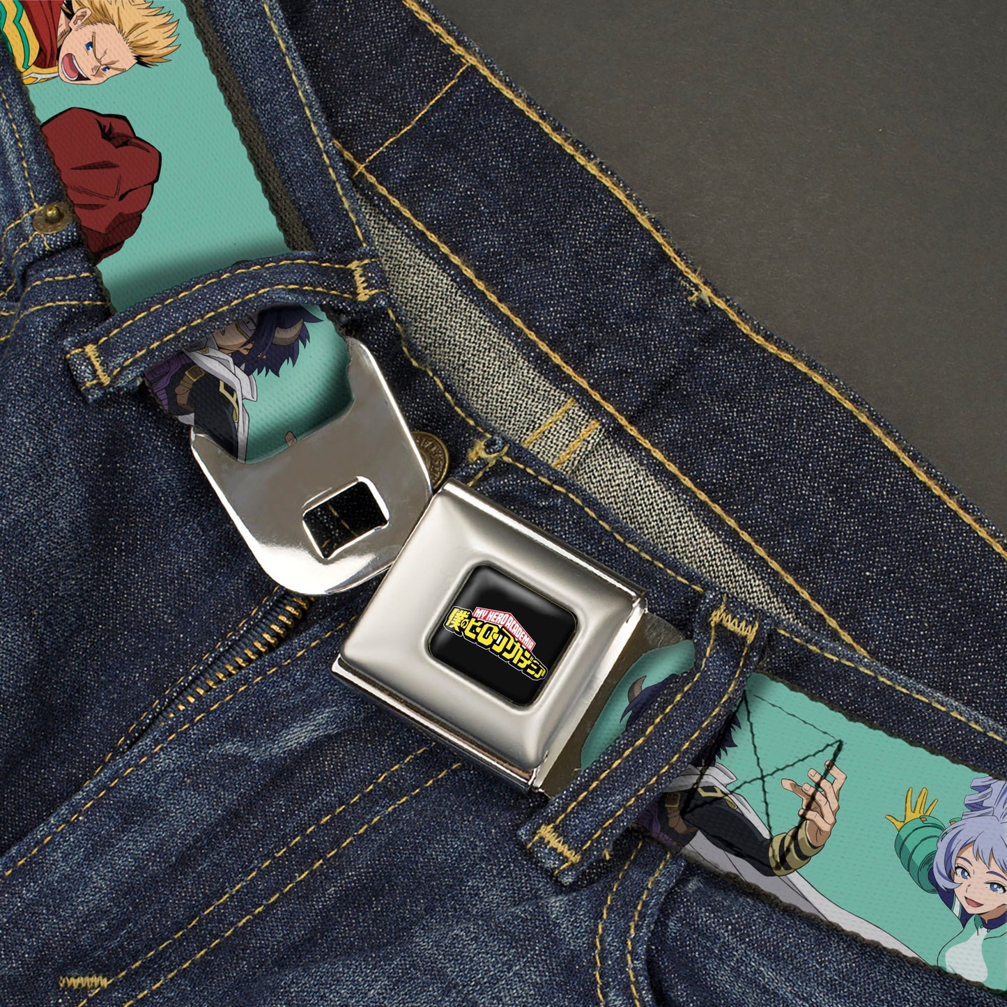 MY HERO ACADEMIA Title Logo Full Color Black Seatbelt Belt - My Hero Academia The Big 3 Action Poses Light Blue Webbing
