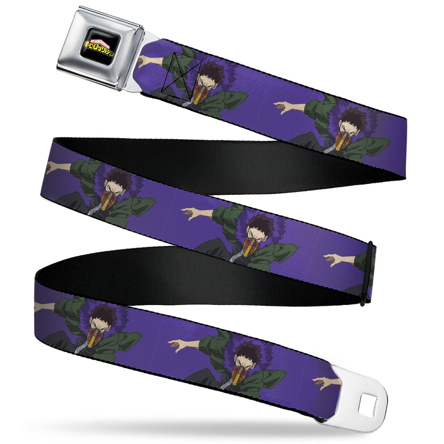 MY HERO ACADEMIA Title Logo Full Color Black Seatbelt Belt - My Hero Academia Kai Chisaki Action Pose Purple Webbing