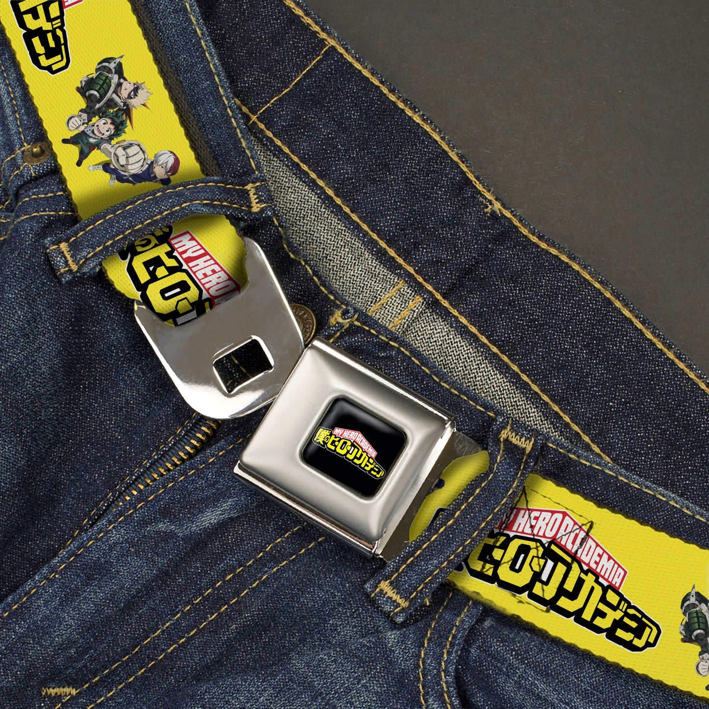 MY HERO ACADEMIA Title Logo Full Color Black Seatbelt Belt - MY HERO ACADEMIA Character Trio Pose and Title Logo Yellow Webbing