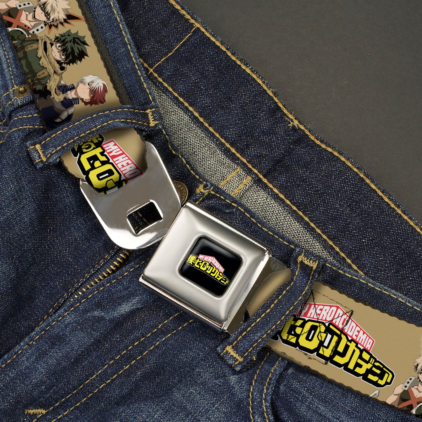 MY HERO ACADEMIA Title Logo Full Color Black Seatbelt Belt - MY HERO ACADEMIA Character Trio Pose and Title Logo Tan Webbing