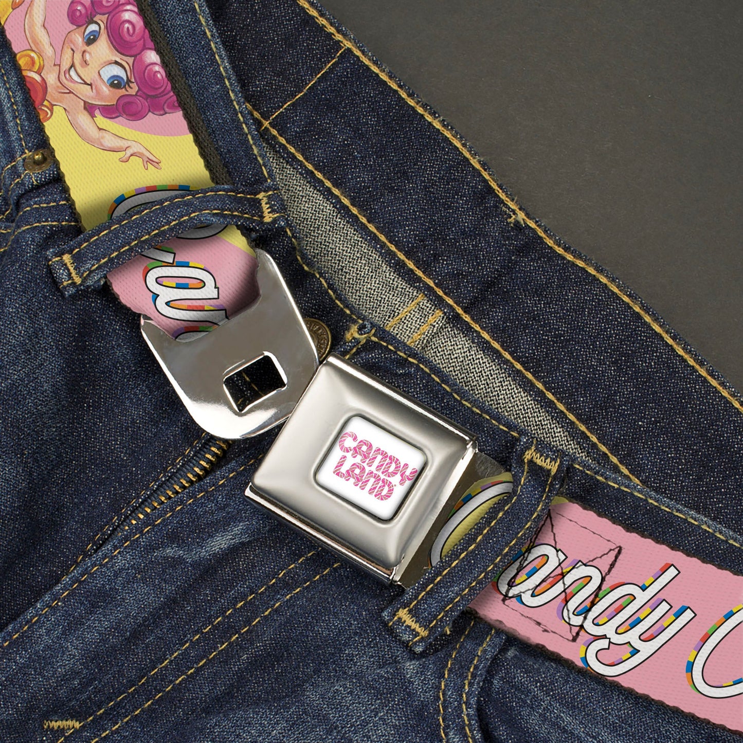 CANDY LAND Game Logo White/Pink Seatbelt Belt - Candy Land CANDY CUTE Princess Lolly Pose Pink Webbing