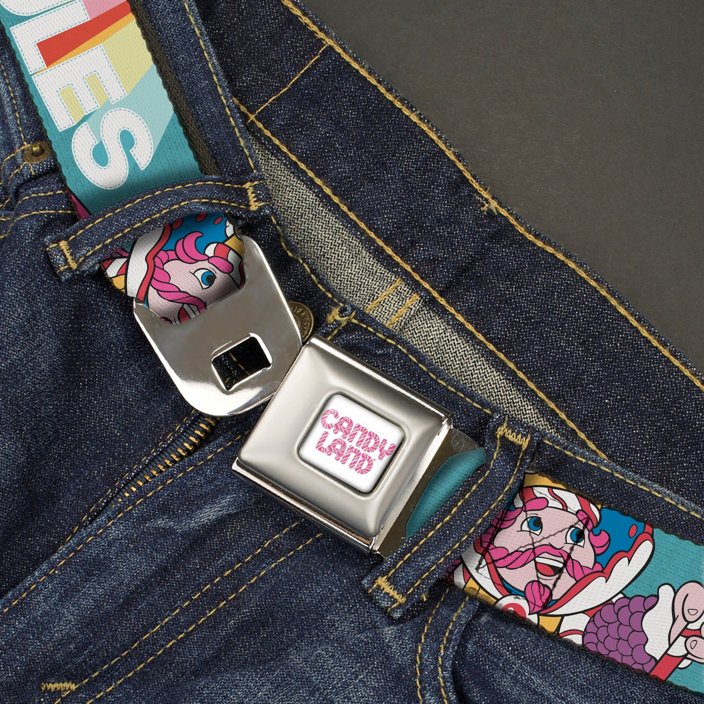 CANDY LAND Game Logo White/Pink Seatbelt Belt - Candy Land KANDY RULES King Kandy Pose Teal/Multi Color Webbing