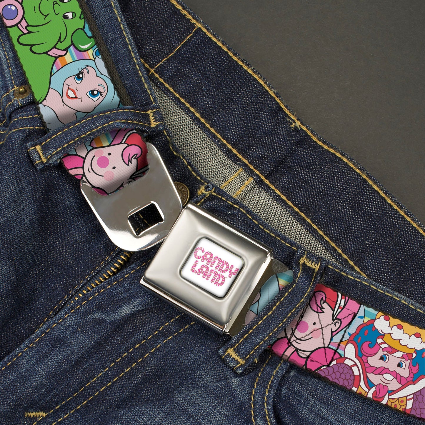 CANDY LAND Game Logo White/Pink Seatbelt Belt - Candy Land Character Lineup Stripe Multi Color Webbing
