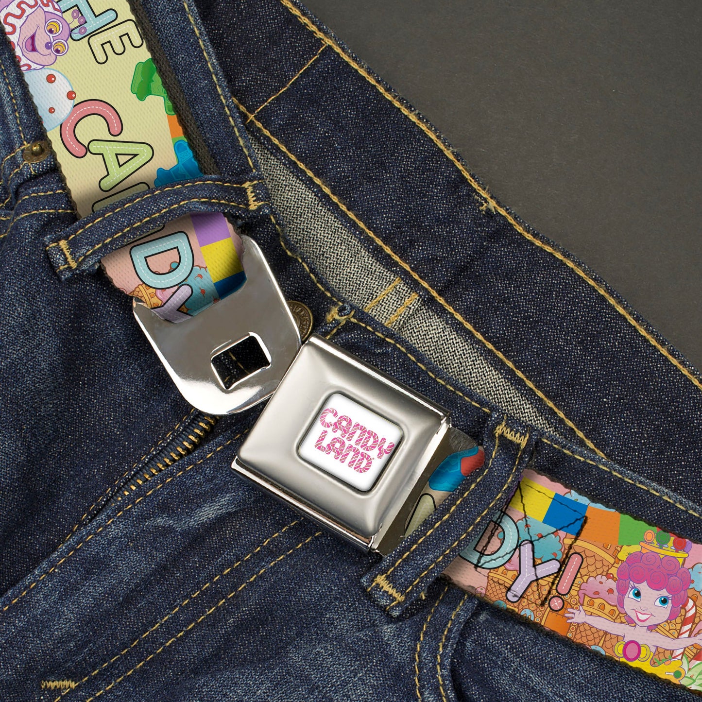 CANDY LAND Game Logo White/Pink Seatbelt Belt - Candy Land TAKE ME TO THE CANDY Character Collage Multi Color Webbing
